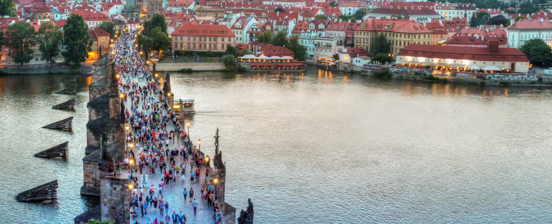 Aerial shot of Charles Bridge with the Old Town of Prague in the distance