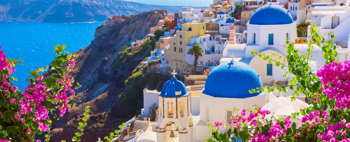 Picture of Santorini and the Aegean sea in a sunny day