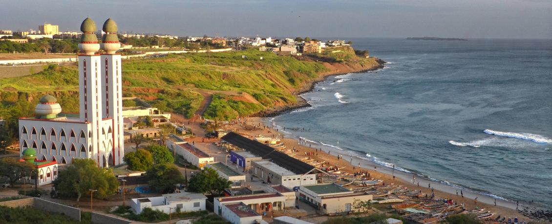 Aerial view of Dakar, Senegal with Mosque of the Divinity