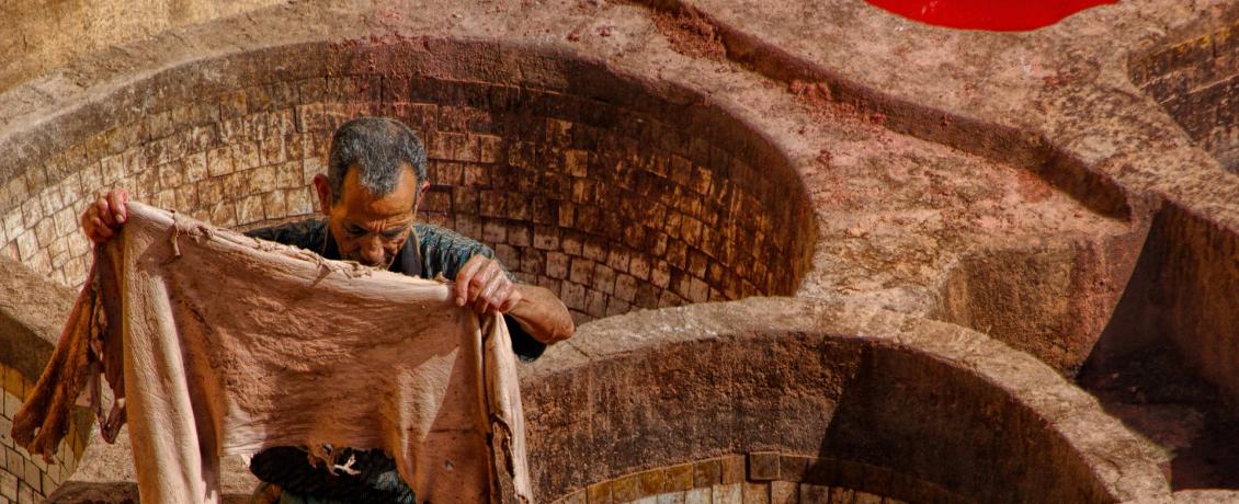 Morocco’s centuries-old leather tanning at work