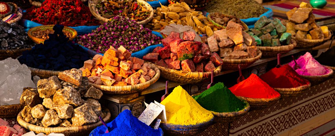Colourful spices in a market in Morocco