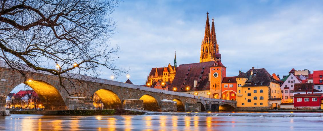 Medieval Regensburg glowing at dusk