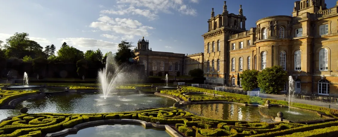 Sculptured water features and gardens outside a Blenheim Palace