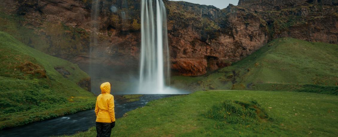 A powerful waterfall, Seljalandsfoss, cascades down a cliff into a pool of water in Iceland.