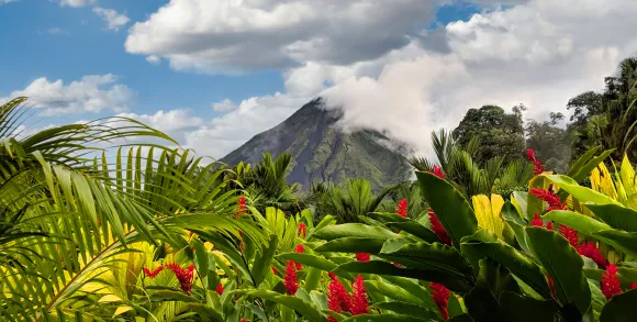 Costa Rica landscape with Volcano in the background.