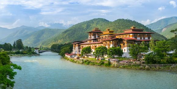 View of the Punakha temple from the riverside.